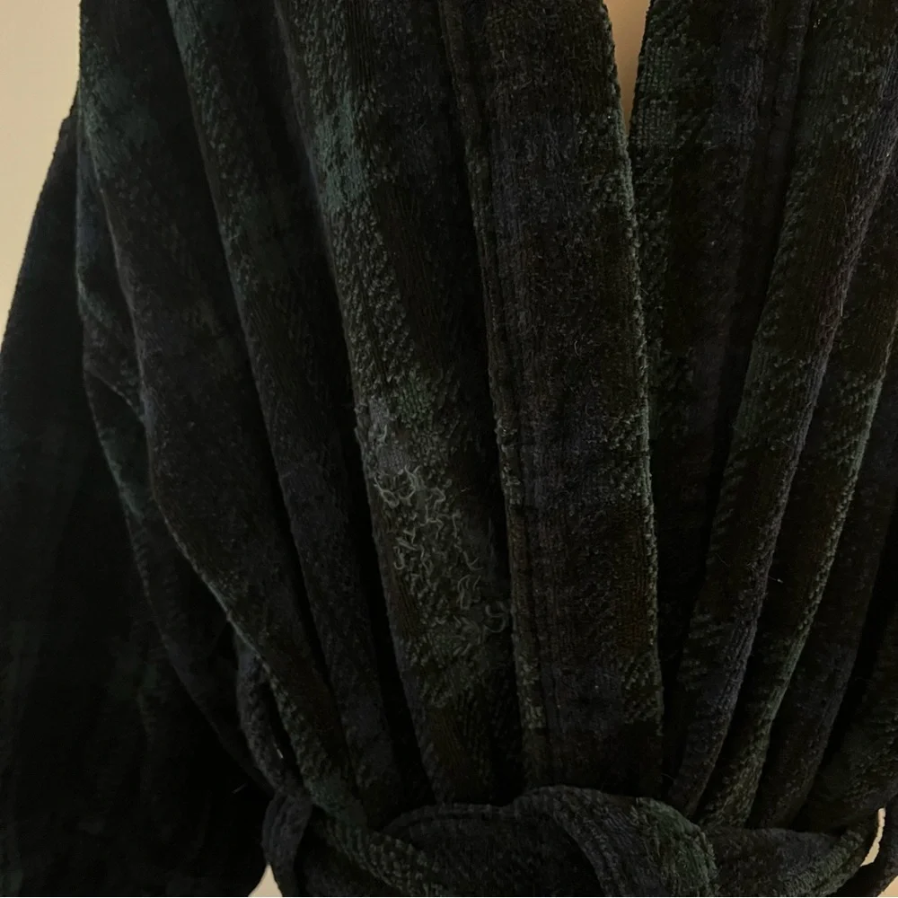 Vintage Christian Dior Pyjama Cotton Robe Plaid Green Blue One Size Terry Robe - Picture 12 of 12